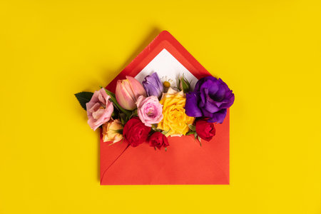 Opened red envelope with flowers arrangements on yellow backgroundの写真素材