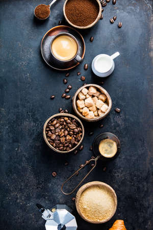 Coffee composition on dark background. Flat layの写真素材