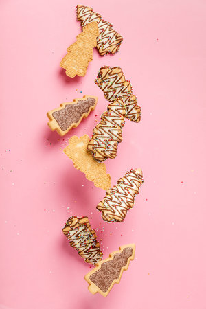Christmas gingerbread cookies in the shape of a Christmas tree falling or flying in motion