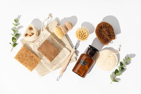 Eco friendly natural cleaning tools and products, Zero waste concept. Plastic free. Flat lay, top...