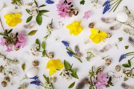 Easter composition on white backgrount, top viewの写真素材