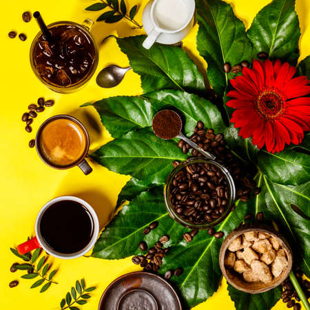 Various coffee on yellow backgroundの写真素材