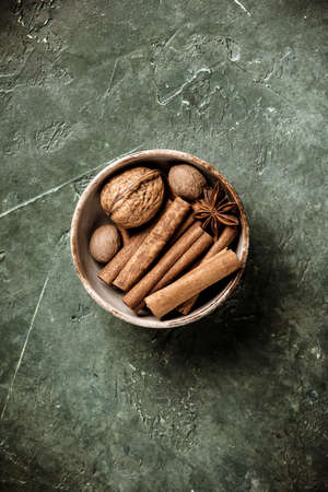 Set of spices on rustic background, flat layの写真素材