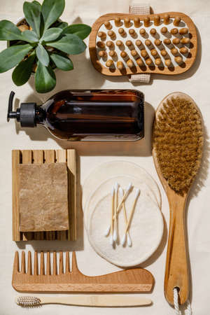 Zero waste, eco friendly bathroom accessories on linen fabric backgroundの写真素材