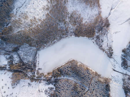 Aerial top down view of beautiful winter forest treetops.の写真素材