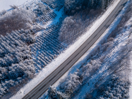 Aerial view of winter highland landscapeの写真素材