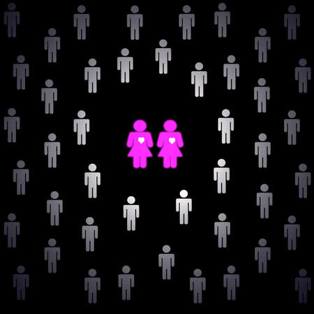 group of men and two pink female gays, black backgroundの写真素材