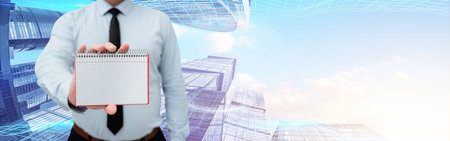 Man Wearing Black Tie Holding Notebook Around Futuristic Technology.