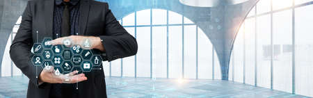 Picture Of Businessman Protecting Data Concept With Both Hands Enclosing Futuristic Technology. Employee Sharing Knowledge Performing Wonderful Modern Automation.の写真素材