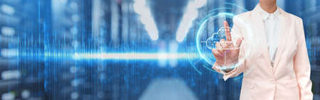 Picture Of Businessman Visually Touching Screen Softly Showing Amazing Futuristic Technology. Lab Technician Pointing Gently Wonderful Modern Automation.の写真素材