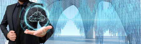 Businessman Holding His Blazer Giving Ideas Showing Wonderful Futuristic Technology. Employee Sharing Knowledge Performing New Amazing Modern Automation.の写真素材