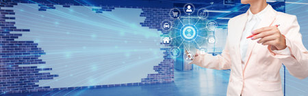 Picture Of Businessman Holding Pen And Tablet Inside Room Presenting Wonderful Futuristic...