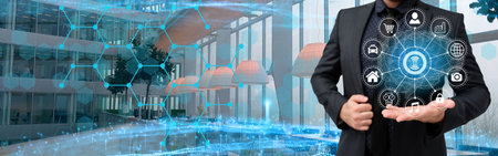 Picture Of Businessman Holding His Suit Giving Ideas Showing Amazing Futuristic Technology. Employee...