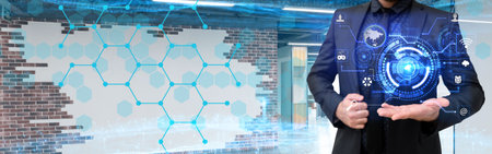 Picture Of Businessman Holding His Suit Giving Ideas Showing Amazing Futuristic Technology. Employee...