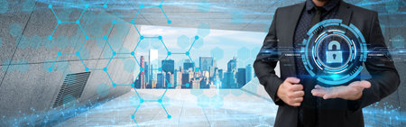 Picture Of Businessman Holding His Suit Giving Ideas Showing Amazing Futuristic Technology. Employee Sharing Knowledge Performing Wonderful Modern Automation.の写真素材