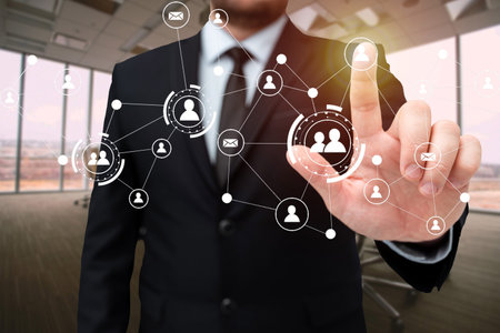 Man In Office Uniform Standing Pressing Virtual Button With Finger Holding Tablet. Gentleman In Business Attire Carrying Tab Pointing New Futuristic Technology.の写真素材