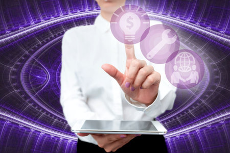 Lady In Uniform Standing Holding Tablet In Hand Pressing Virtual Globe Button. Bussiness Woman...