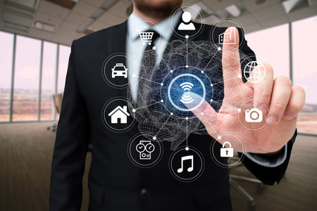 Man In Office Uniform Standing Pressing Virtual Button With Finger Holding Tablet. Gentleman In Business Attire Carrying Tab Pointing New Futuristic Technology.の写真素材