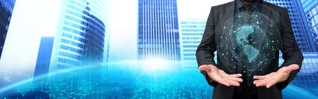 Picture Of Businessman Presenting With Both Open Hands Showing Amazing Futuristic Technology. Employee Discussing News Performing Wonderful Modern Automation.の写真素材