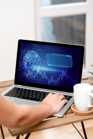 Hand Resting On Laptop Top Of Table Beside Coffee Mug Actively Accomplishing Work From Home. Arm Making New Tasks Next To Cup Finishing Remote Job Projects.の写真素材