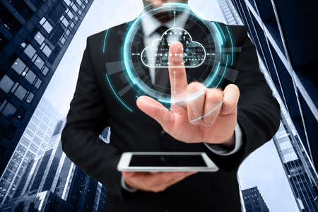 Man In Uniform Standing Holding Tablet Typing Futuristic Technologies.の写真素材