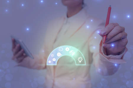 Lady In Uniform Holding Pen Phone With Futuristic Virtual Interface. Business Woman Using Pencil And Mobile Device Interacting With Holographic Display.の写真素材