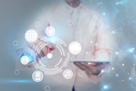 Business Woman Touching Futuristic Virtual Display Technology, Lady In Uniform Using Mobile Device...