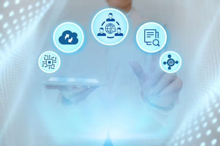 Lady In Uniform Standing Holding Tablet And Pressing On Virtual Button. Business Woman Carrying Pad Tapping Switch Showing New Futuristic Technologies.の写真素材