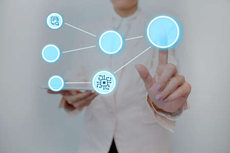 Lady In Uniform Standing Holding Tablet And Pressing On Virtual Button. Business Woman Carrying Pad Tapping Switch Showing New Futuristic Technologies.の写真素材