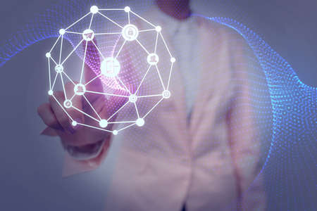 Lady In Uniform Side Standing Holding Tablet In Hand Virtually Toching On Screen. Bussiness Woman Carrying Tab Writing New Futuristic Technologies.の写真素材