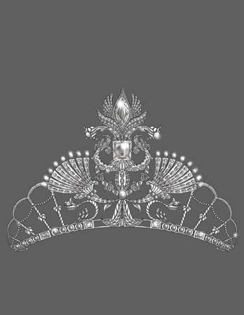 Beautiful Aristocratic Crown With Complex Design Colorless Line Drawing. Magnificent Noble Tiara With Elaborate Jewels Pattern Coloring Book Page.の写真素材