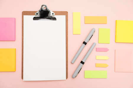 Multiple Assorted Collection Office Stationery Photo With Pens Pencils Notepads Notebook Ruler Stapler Scissors Clippers Paper Clips Holders Clipboard Placed Over Tableの写真素材