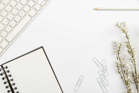 Multiple Assorted Collection Office Stationery Photo With Pens Pencils Notepads Notebook Ruler Stapler Scissors Clippers Paper Clips Holders Clipboard Placed Over Tableの写真素材