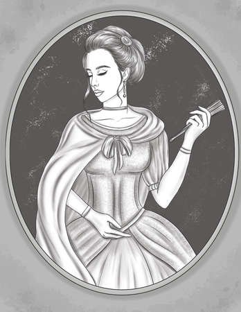 Beautiful Lady In Dress Closed Eyes Holding Fan Colorless Line Drawing.の写真素材