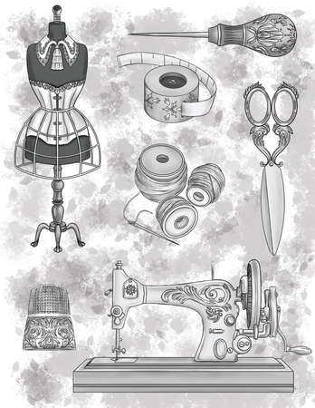 Different Tailoring Tools Vintage Sewing Machine Corset Scissors Tape Measure Colorless Line Drawing. Multiple Tailor Equipment Needle And Thread Sew Pin Coloring Book Page.の写真素材
