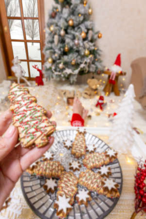 Decorated and iced Christmas cookiesの写真素材