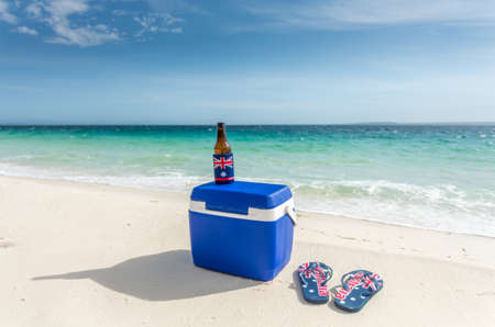 Esky thongs and a cold drink on the beach in Australiaの写真素材