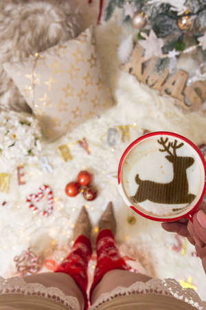 Christmas cheery mug of coffee festive cappuccinoの写真素材