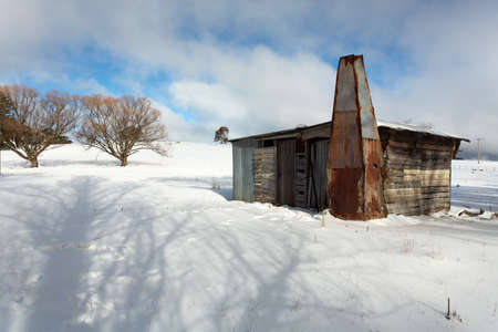 Rustic log shed or stable in rural countryside with full coveragの写真素材