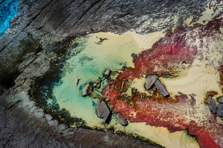 Floating in pretty blue tidal pools, red and grey rocks, creamy yellow sand