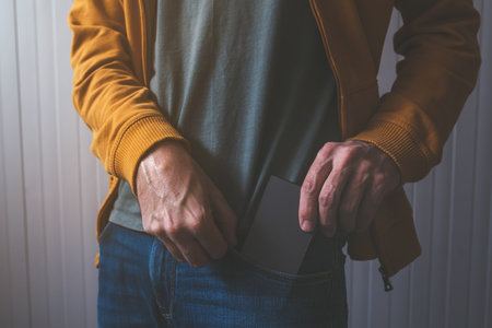 Casual adult male taking smartphone device from jeans trousers front pocketの写真素材