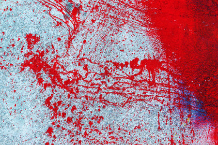 Red blood paint splatter, splash and spray on wallの写真素材
