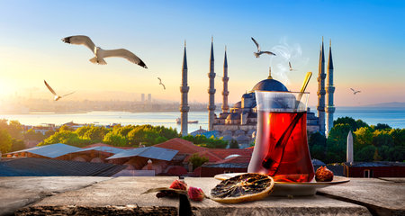 Tea and Blue Mosque and Bosphorus in Istanbul, Turkeyの写真素材