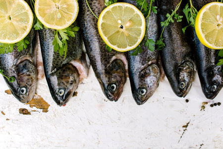 Trout fish on the table waithing to be prepared,selective focus and blank spaceの写真素材