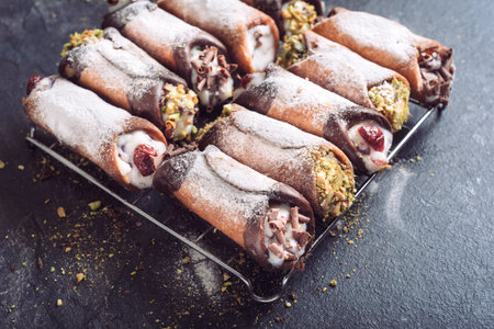 Sweet homemade cannoli stuffed with ricotta cheese cream,selective focusの写真素材
