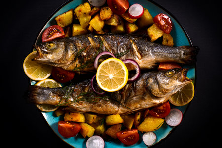 Grilled bass fish and baked potatoes in the plate,selective focus