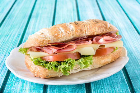 Popular ciabatta sandwich with cheese and meat,selective focusの写真素材