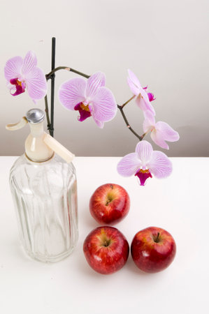 Still nature with orchids and applesの写真素材