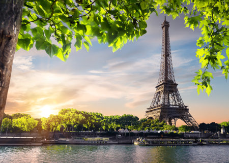 Sunset over Paris with the view on Eiffel Tower and river Seine, Franceの写真素材