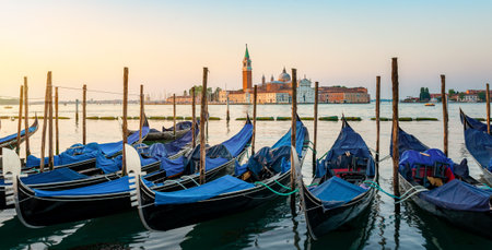 Moored Gondolas at venetian sunrise in front of San Giorgio Maggioreの写真素材